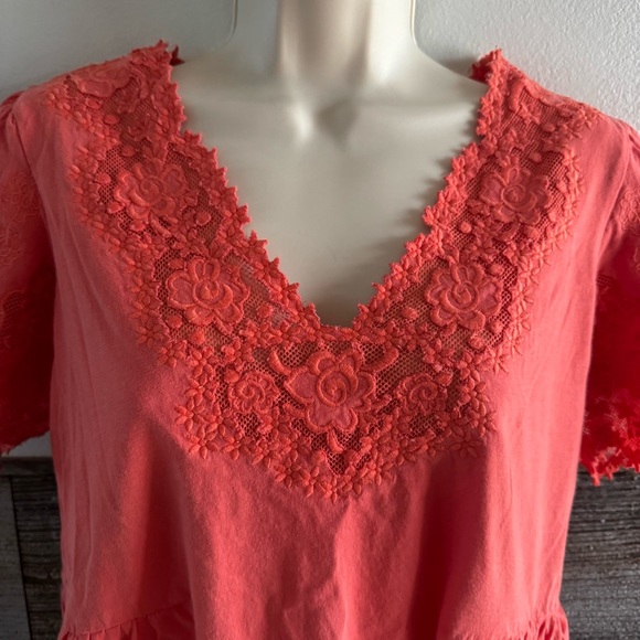 Sundance Crochet Lace Peasant Top Short Sleeve Womens Medium Coral Floral (L1) - Picture 2 of 10